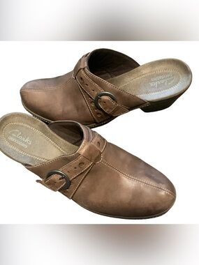 Clarks Bendables Mule Low Heel Slip On Buckle Brown Leather Womens 10M